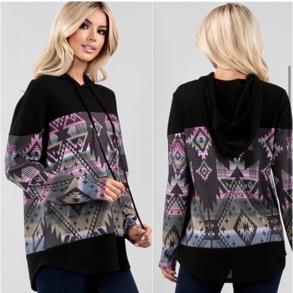 USA Made Aztec women’s long sleeve black colorful casual comfy hoodie top - Picture 2 of 2